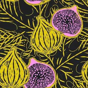 Seamless pattern with figs and leaves in line-art style. Mediterranean spirit Stock Illustration