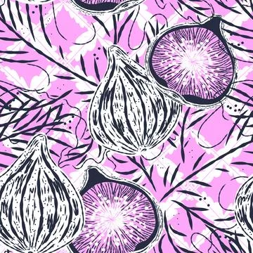 Seamless pattern with figs and leaves in line-art style. Mediterranean spirit Stock Illustration