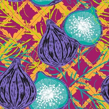 Seamless pattern with figs and leaves in line-art style. Mediterranean spirit Stock Illustration