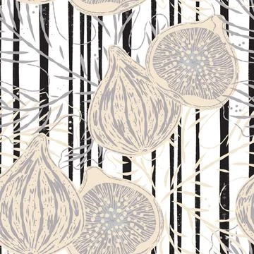 Seamless pattern with figs and leaves in line-art style. Mediterranean spirit Stock Illustration