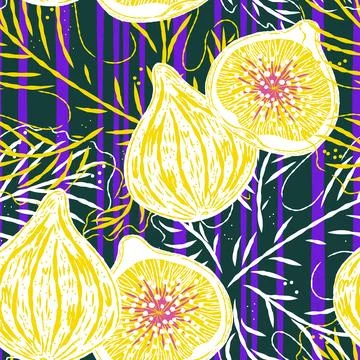 Seamless pattern with figs and leaves in line-art style. Mediterranean spirit Stock Illustration