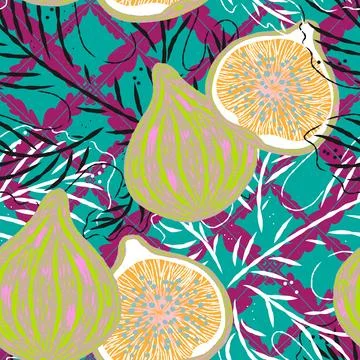 Seamless pattern with figs and leaves in line-art style. Mediterranean spirit Stock Illustration