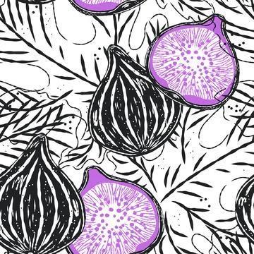 Seamless pattern with figs and leaves in line-art style. Mediterranean spirit Stock Illustration