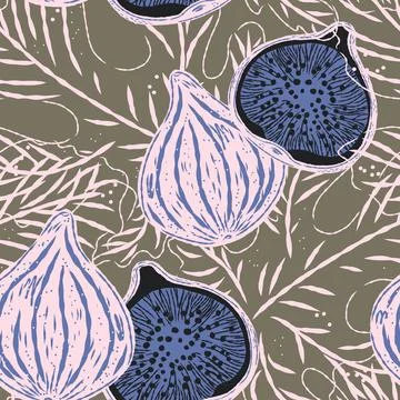 Seamless pattern with figs and leaves in line-art style. Mediterranean spirit Stock Illustration
