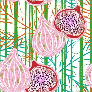 Seamless pattern with figs and leaves in line-art style. Mediterranean spirit Stock-Illustration