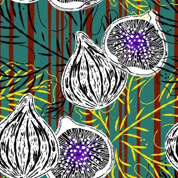 Seamless pattern with figs and leaves in line-art style. Mediterranean spirit Stock Illustration