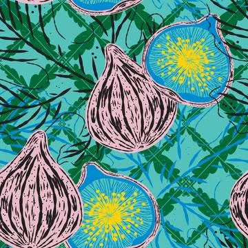 Seamless pattern with figs and leaves in line-art style. Mediterranean spirit Stock Illustration