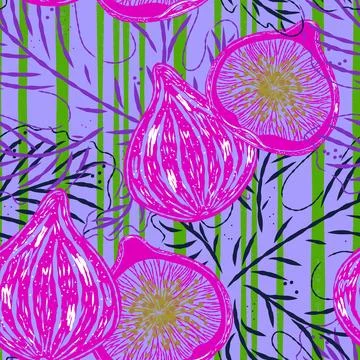 Seamless pattern with figs and leaves in line-art style. Mediterranean spirit Stock Illustration
