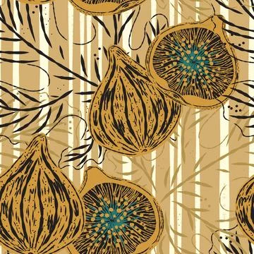 Seamless pattern with figs and leaves in line-art style. Mediterranean spirit Stock Illustration
