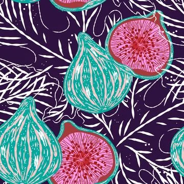 Seamless pattern with figs and leaves in line-art style. Mediterranean spirit Stock Illustration
