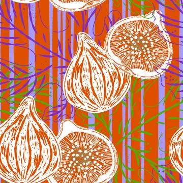Seamless pattern with figs and leaves in line-art style. Mediterranean spirit Stock Illustration