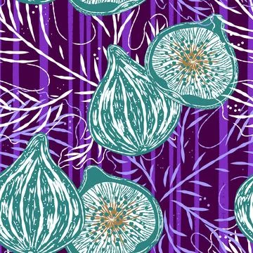 Seamless pattern with figs and leaves in line-art style. Mediterranean spirit Stock Illustration