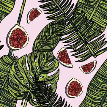 Seamless pattern with figs and tropical leaves. Illustrazione stock