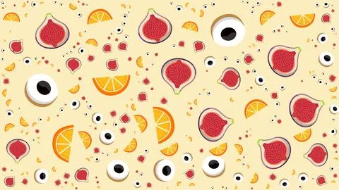 Seamless Pattern of Figs, Oranges, and Cartoon Eyes on Light Background Stock Illustration