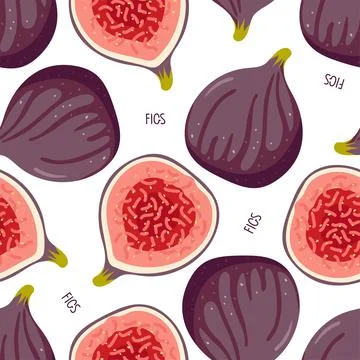 Seamless pattern with figs, whole and half isolated on white. Summer tropical Stock Illustration