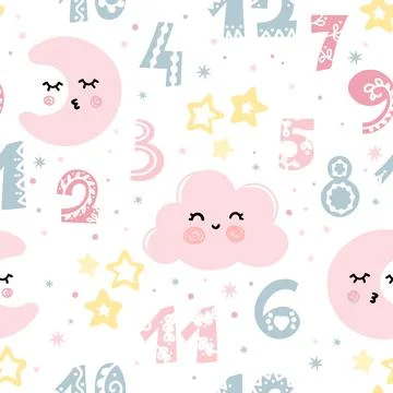 Seamless pattern with figures of the moon and clouds with stars. Stock Illustration