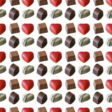 Seamless pattern filled with heart-shaped chocolates, various sweets and deli Foto stock