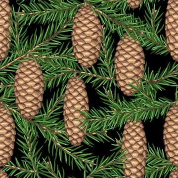 Seamless pattern with fir branches and cones. Detailed vintage illustration Illustrazione stock