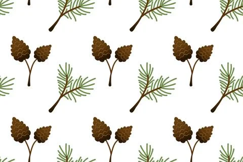 Seamless pattern of fir branches and pine cones. Colorful, flat-style ornamen Stock Illustration