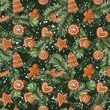 Seamless pattern with fir branches and gingerbread cookies. Design for Chr... Stock Photos