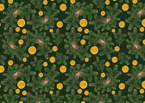 Seamless pattern of fir branches of orange slices on a  green background. Win Foto stock