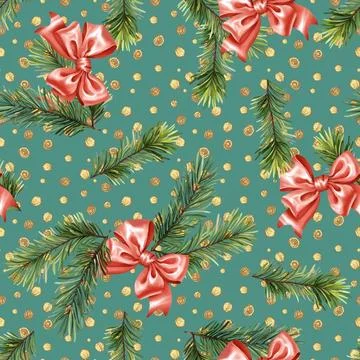 Seamless pattern with fir tree branches and bows. Green Christmas backgrou... Stock Photos
