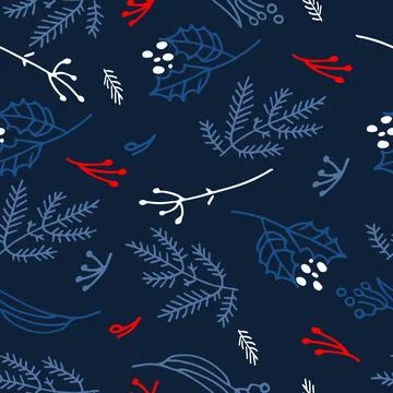 Seamless pattern with fir trees branches, leaves and inflorescences. Winter.. Stock Illustration