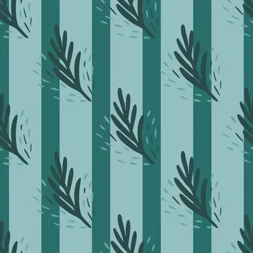 Seamless pattern fir twig on blue striped background. Vector geometric templa Stock Illustration