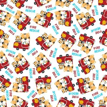 Seamless pattern of fire fighter car with tiger fire fighter animal cartoon Stock Illustration