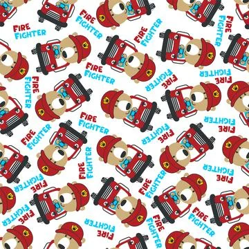 Seamless pattern of fire fighter car with tiger fire fighter animal cartoon Stock Illustration