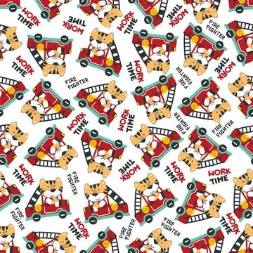Seamless pattern of fire fighter car with tiger fire fighter animal cartoon 스톡 일러스트
