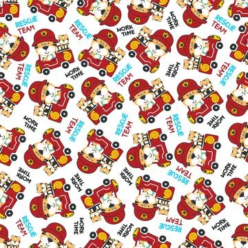 Seamless pattern of fire fighter car with tiger fire fighter animal cartoon 스톡 일러스트