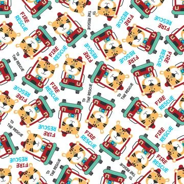 Seamless pattern of fire fighter car with tiger fire fighter animal cartoon イラスト素材