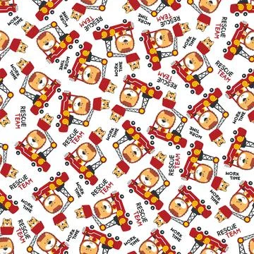 Seamless pattern of fire fighter car with lion fire fighter animal cartoon... Stock Illustration