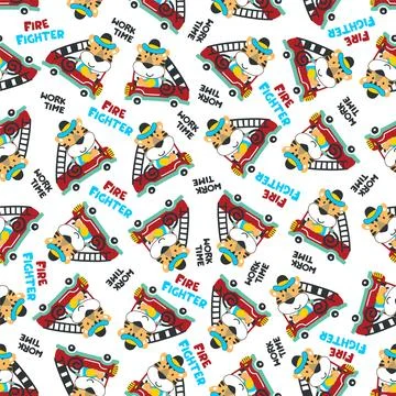 Seamless pattern of fire fighter car with tiger fire fighter animal cartoon.. Stock Illustration
