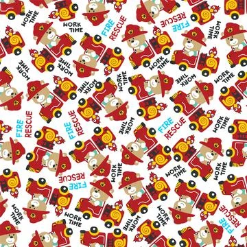 Seamless pattern of fire fighter car with bear fire fighter animal cartoon... Stock Illustration