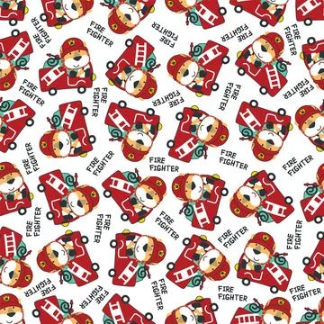 Seamless pattern of fire fighter car with lion fire fighter animal cartoon... Stock Illustration