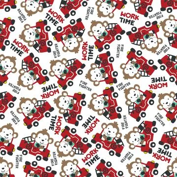 Seamless pattern of fire fighter car with monkey fire fighter animal cartoon Stock Illustration