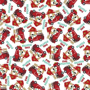 Seamless pattern of fire fighter car with monkey fire fighter animal cartoon Stock Illustration
