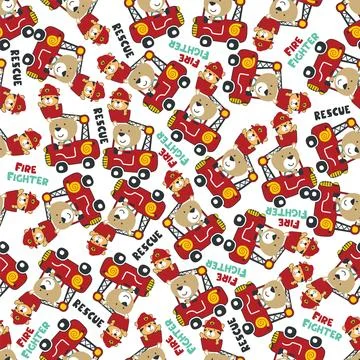 Seamless pattern of fire fighter car with bear fire fighter animal cartoon... Stock Illustration