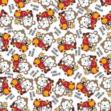 Seamless pattern of fire fighter car with monkey fire fighter animal cartoo.. 스톡 일러스트