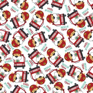 Seamless pattern of fire fighter car with tiger fire fighter animal cartoon.. Stock Illustration