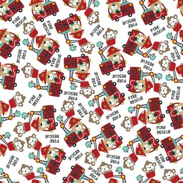 Seamless pattern of fire fighter car with bear fire fighter animal cartoon... Stock Illustration