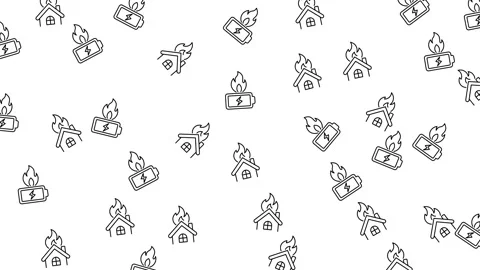 Seamless pattern of fire flame icons in circle and triangle shapes on white Stock Footage 345539336