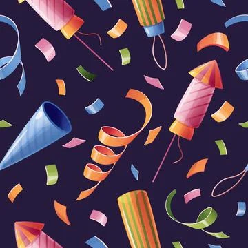 Seamless pattern with firecrackers, fireworks, confetti, serpentine. Backgrou Stock Illustration