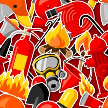Seamless pattern with firefighting stickers. Fire protection equipment Stock Illustration
