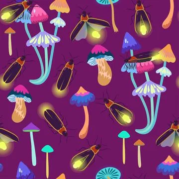 Seamless pattern with firefly beetles and fairy mushrooms for textile and design Stock Illustration