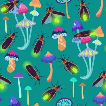 Seamless pattern with firefly beetles and fairy mushrooms for textile and design Stock Illustration