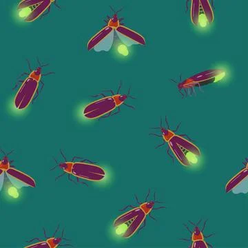 Seamless pattern with firefly insects flying with different angles. Vector Illustrazione stock