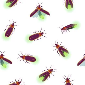 Seamless pattern with firefly insects flying with different angles. Vector Illustrazione stock
